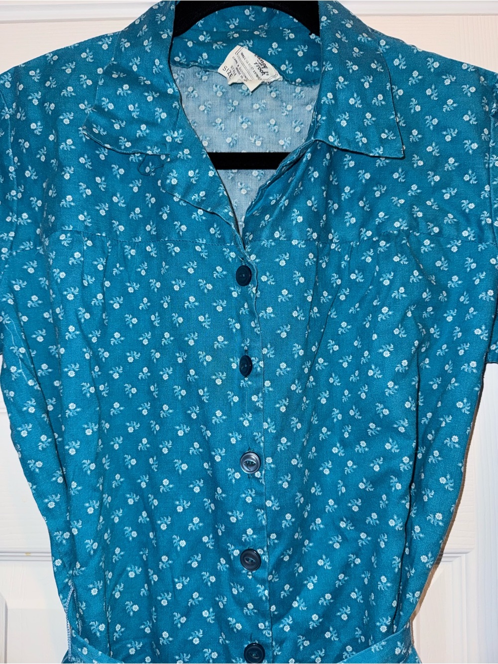 Vintage 70s Blue Floral Cottagecore Prairie Midi Dress Belted Size 16 USA Nancy - Picture 4 of 10
